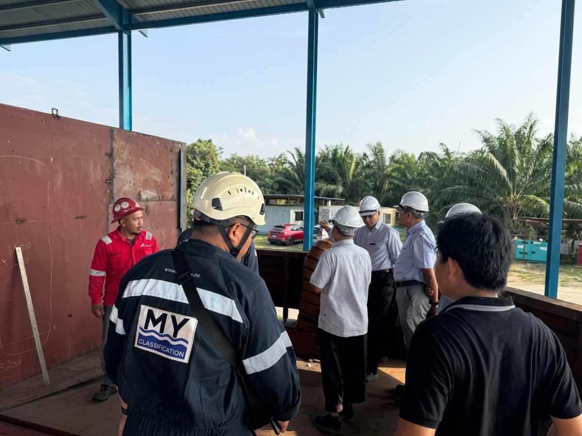 Newbuilding survey team at the Sri Tanjong 1 shipyard