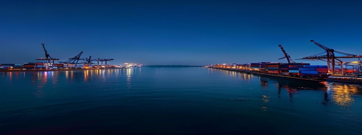 Commercial port and harbour at blue hour