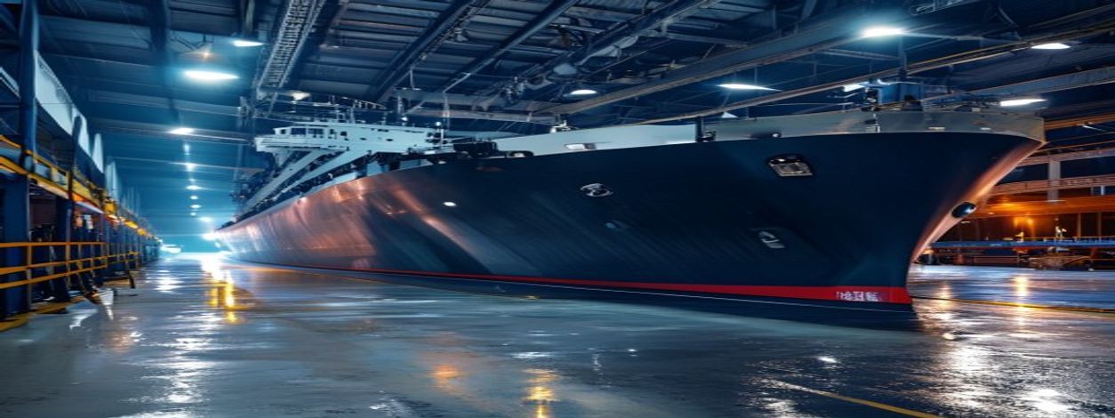 Commercial vessel hull under inspection in dry dock