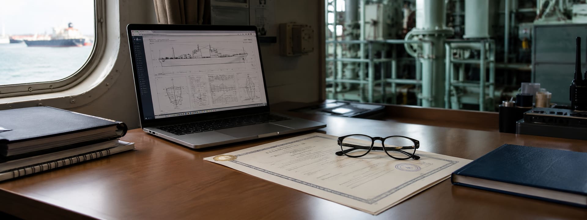 Laptop showing a vessel survey report on a desk beside a classification certificate