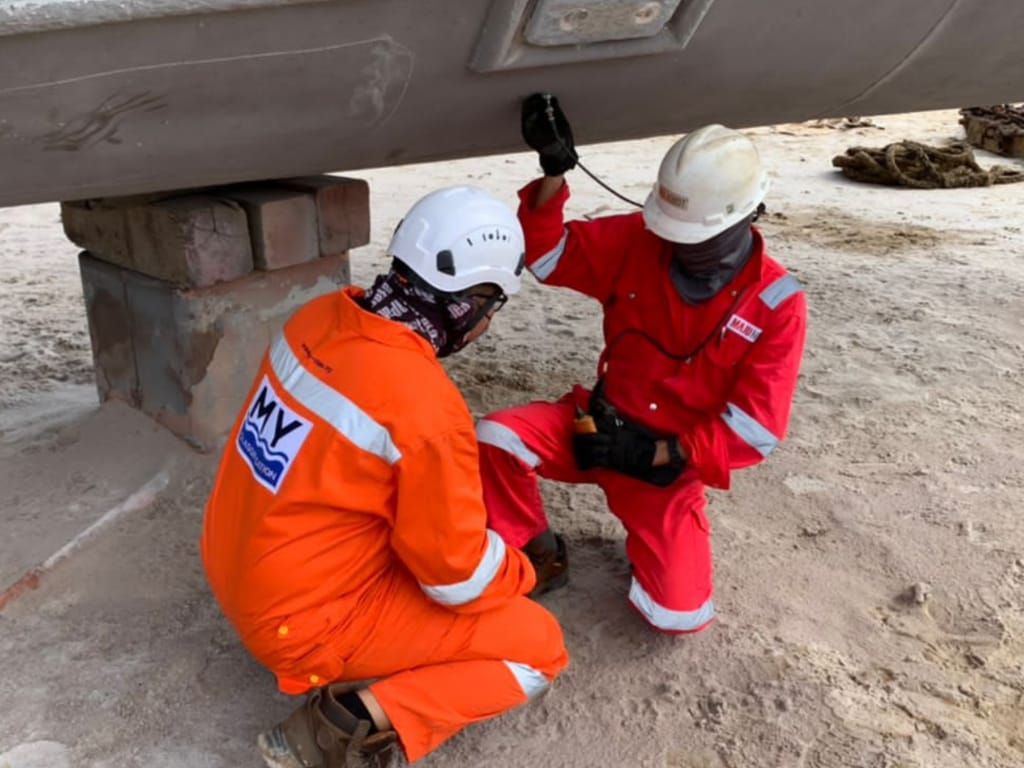 MY Classification surveyors inspecting a vessel hull